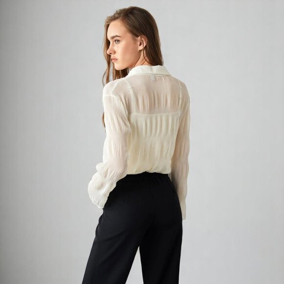 NWT J.ING Jing Aaliyah Wheat V-Neck Sheer Button Down Shirt - Picture 6 of 6